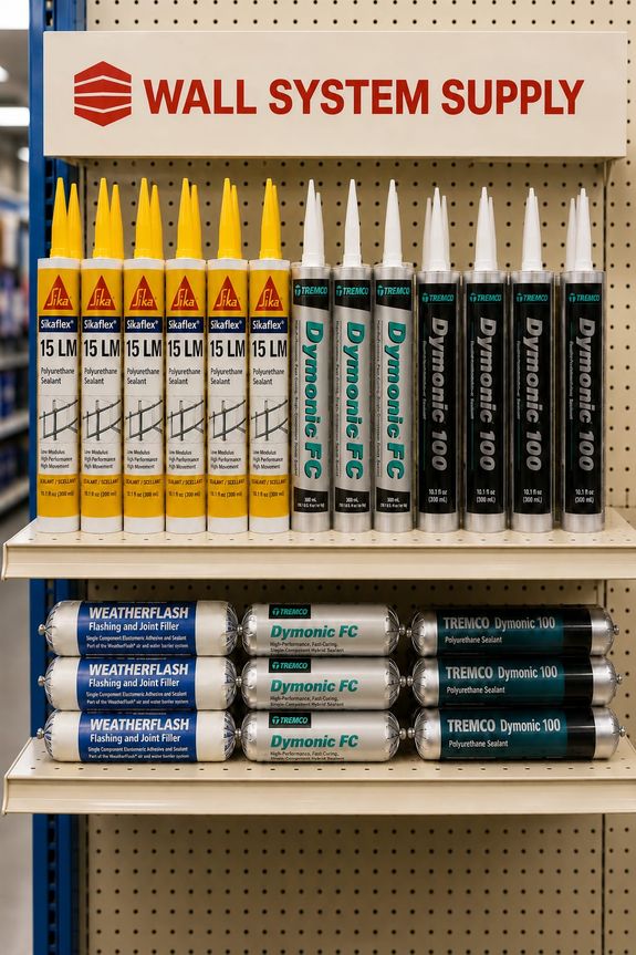 Wall Systems Supply sealant shelf with Sika Skaflex, Tremco Dymonic FC, Dymonic 100, and Weatherflash