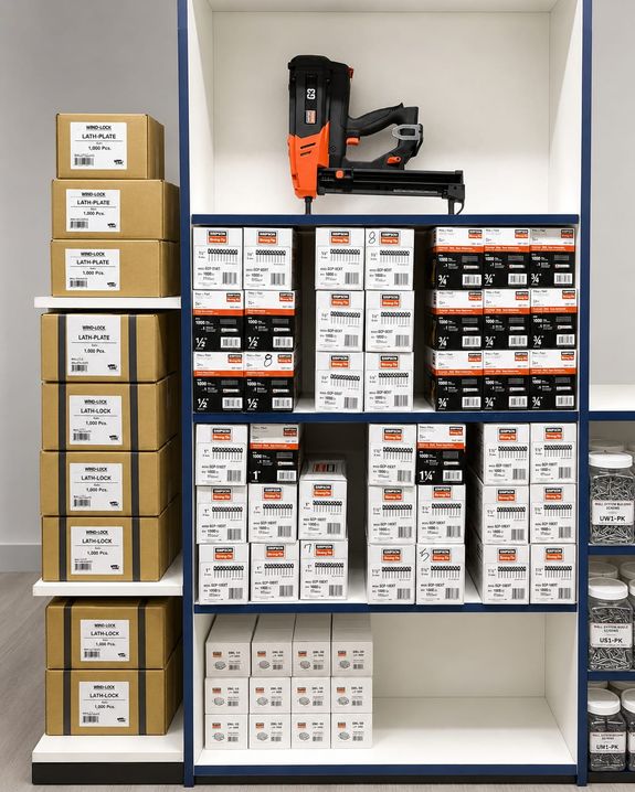 Wind-Lock fasteners, washers, and lath-lock systems on shelves